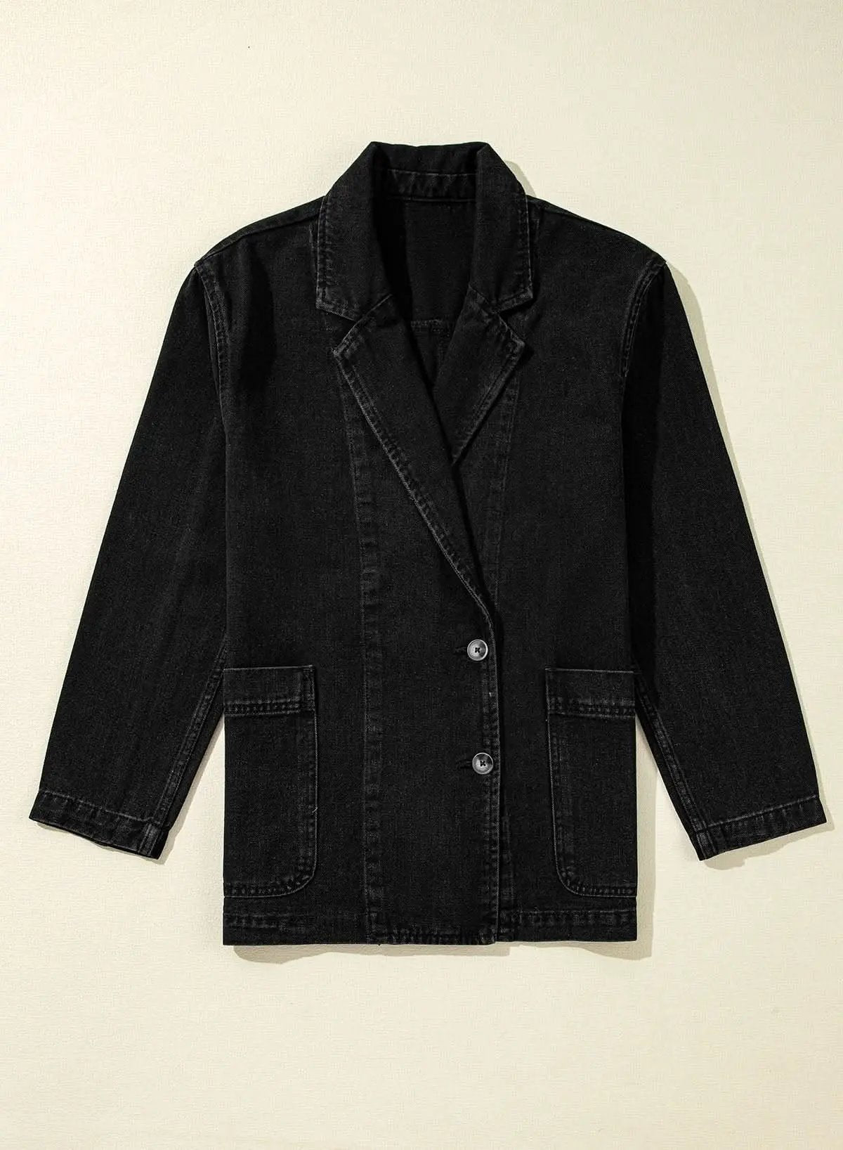 Black Side Pockets Lapel Collar Denim Jacket - Love Salve